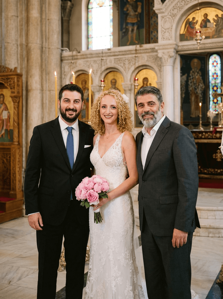 Generated image inspired by a wedding scene involving Giorgos Lambrakis, Chrysanthi Koutantou, and Nikos Androulakis as sponsor.