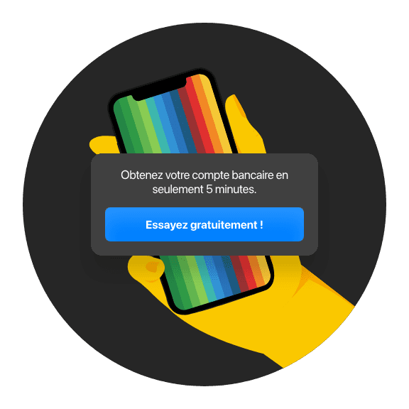 A hand holding a smartphone displaying a colorful loading screen with a prompt to tap for further action.