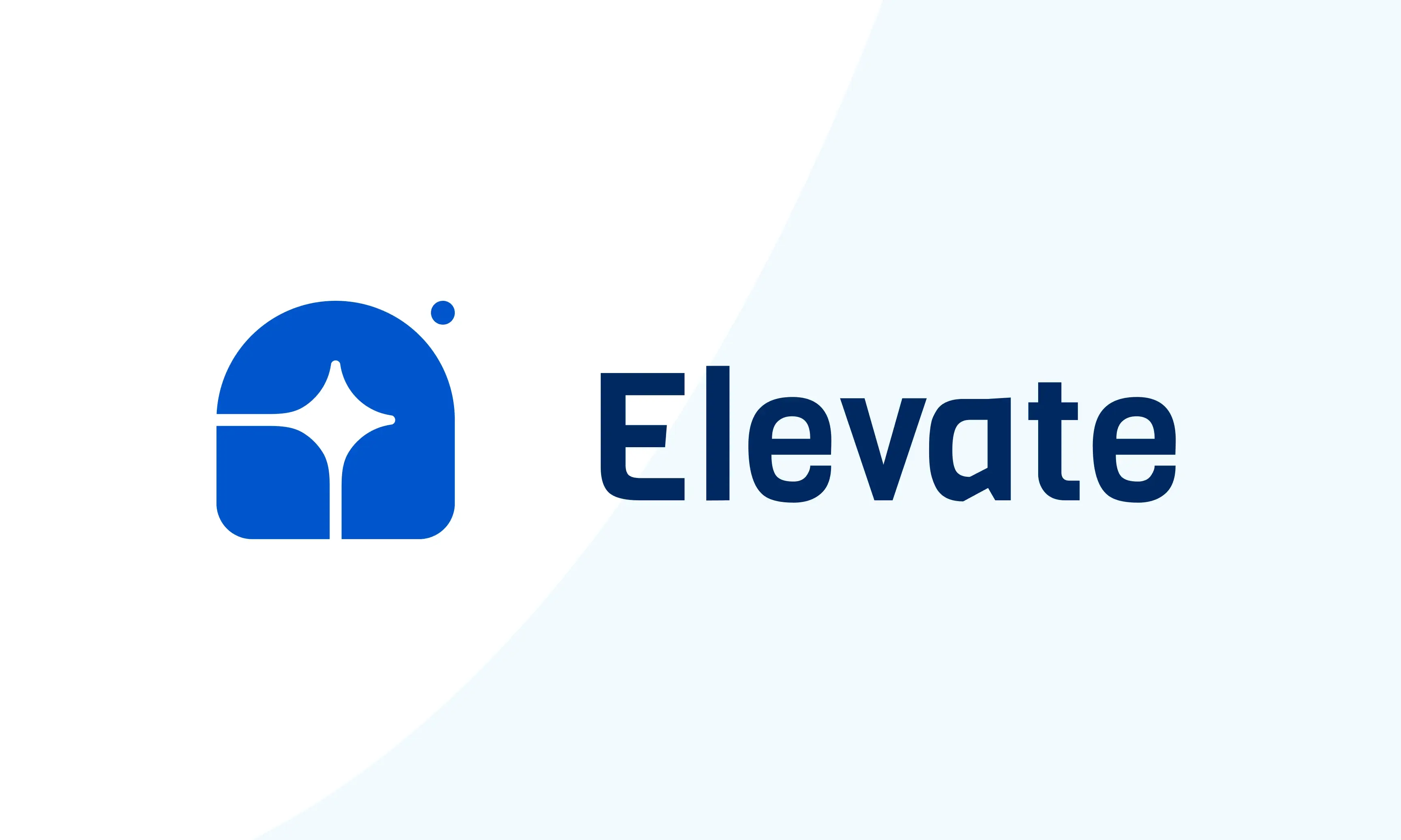 Logo design featuring a blue abstract icon with a star-shaped highlight next to the word ‘Elevate’ in a modern sans-serif typeface on a clean light background.