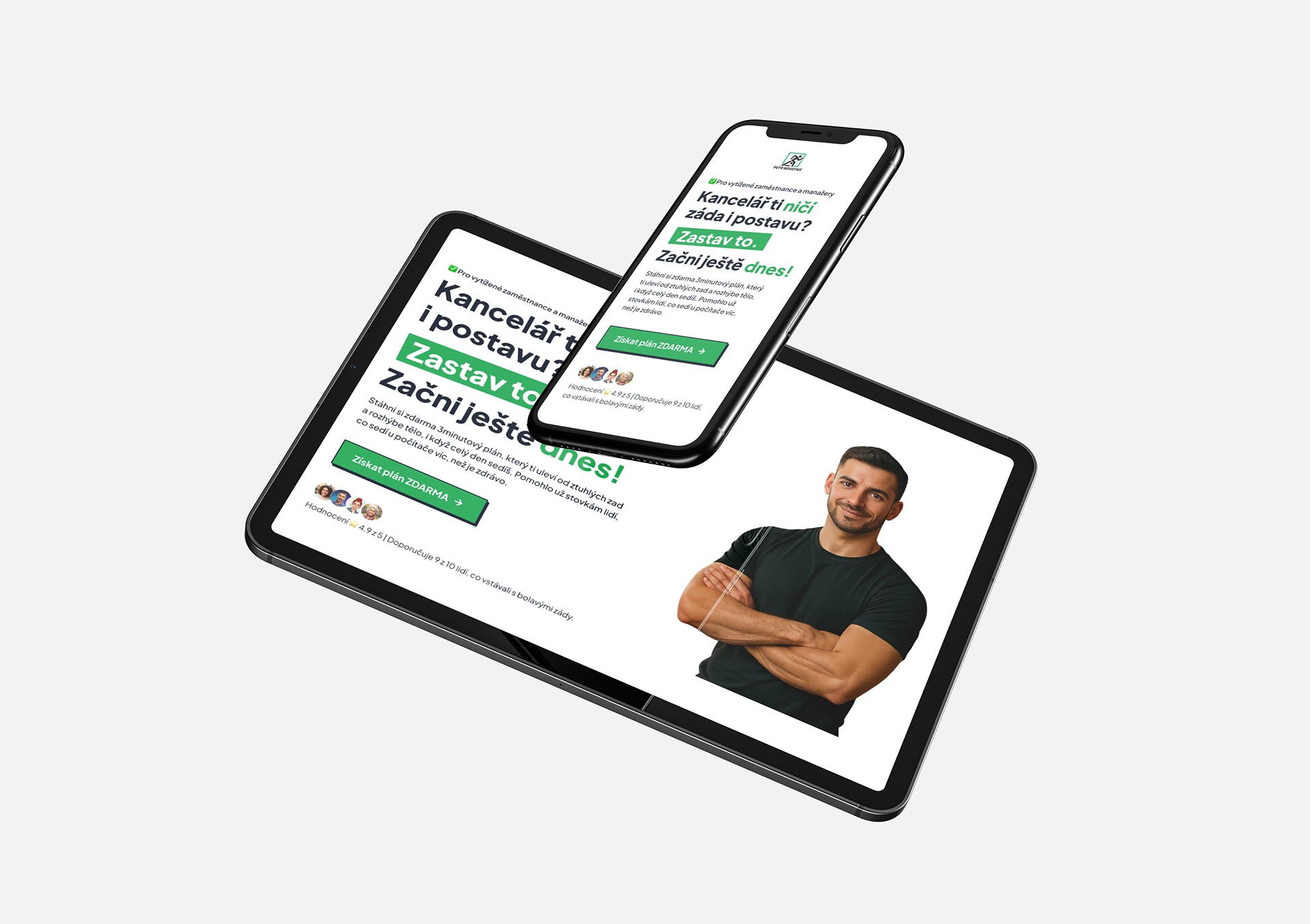 Mobilní a tabletová verze landing page Fitness Novák — ukázka responsivního uživatelského rozhraní.