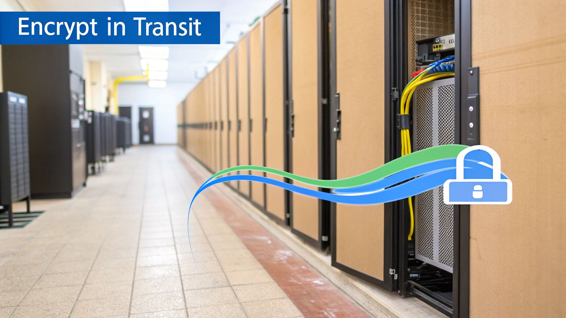 Data center with server racks and an open cabinet, illustrating secure data encryption in transit with a padlock graphic.