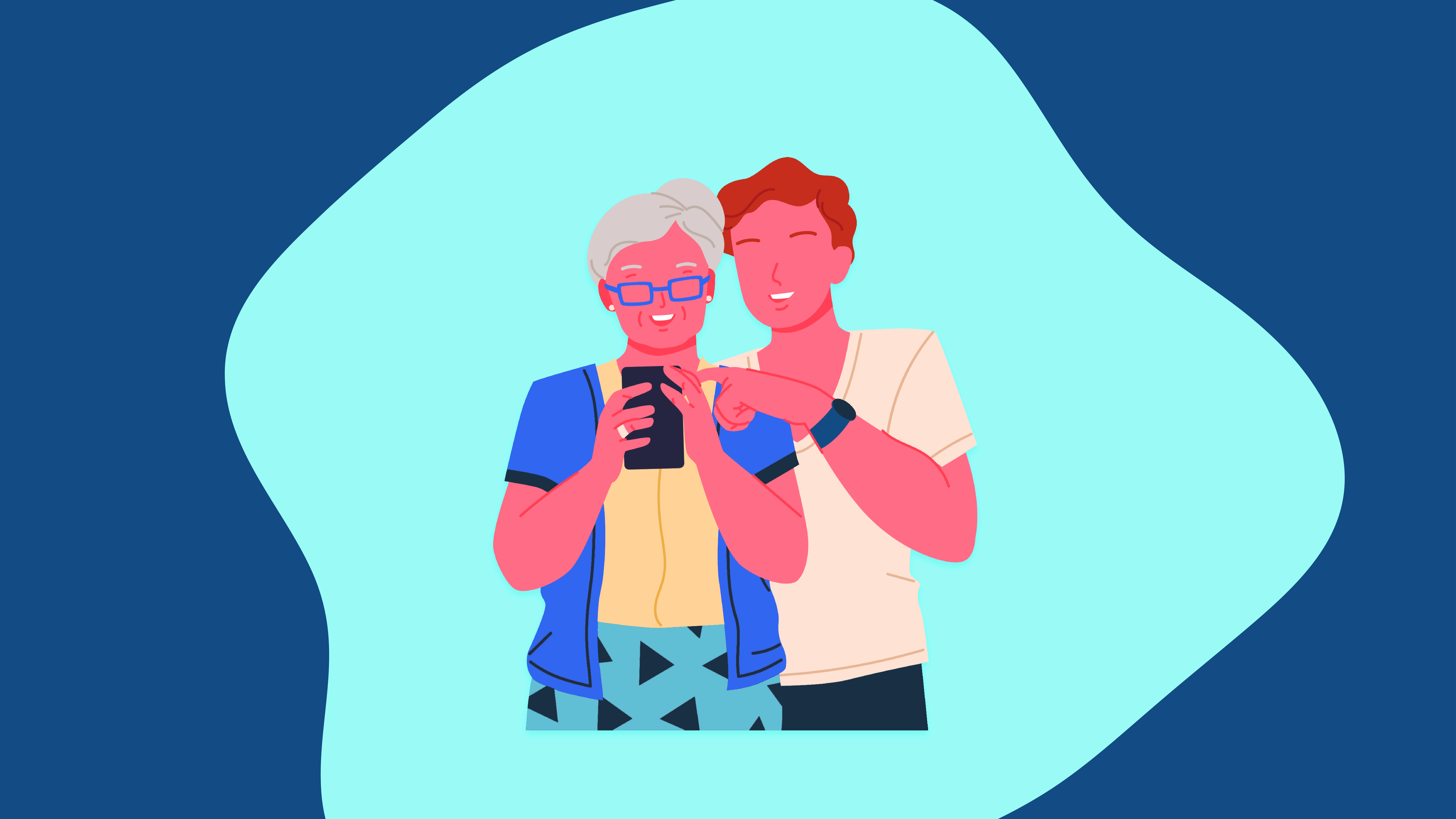 Illustration of different generations sharing a moment on a smartphone, highlighting how generational shifts are changing communication and technology use