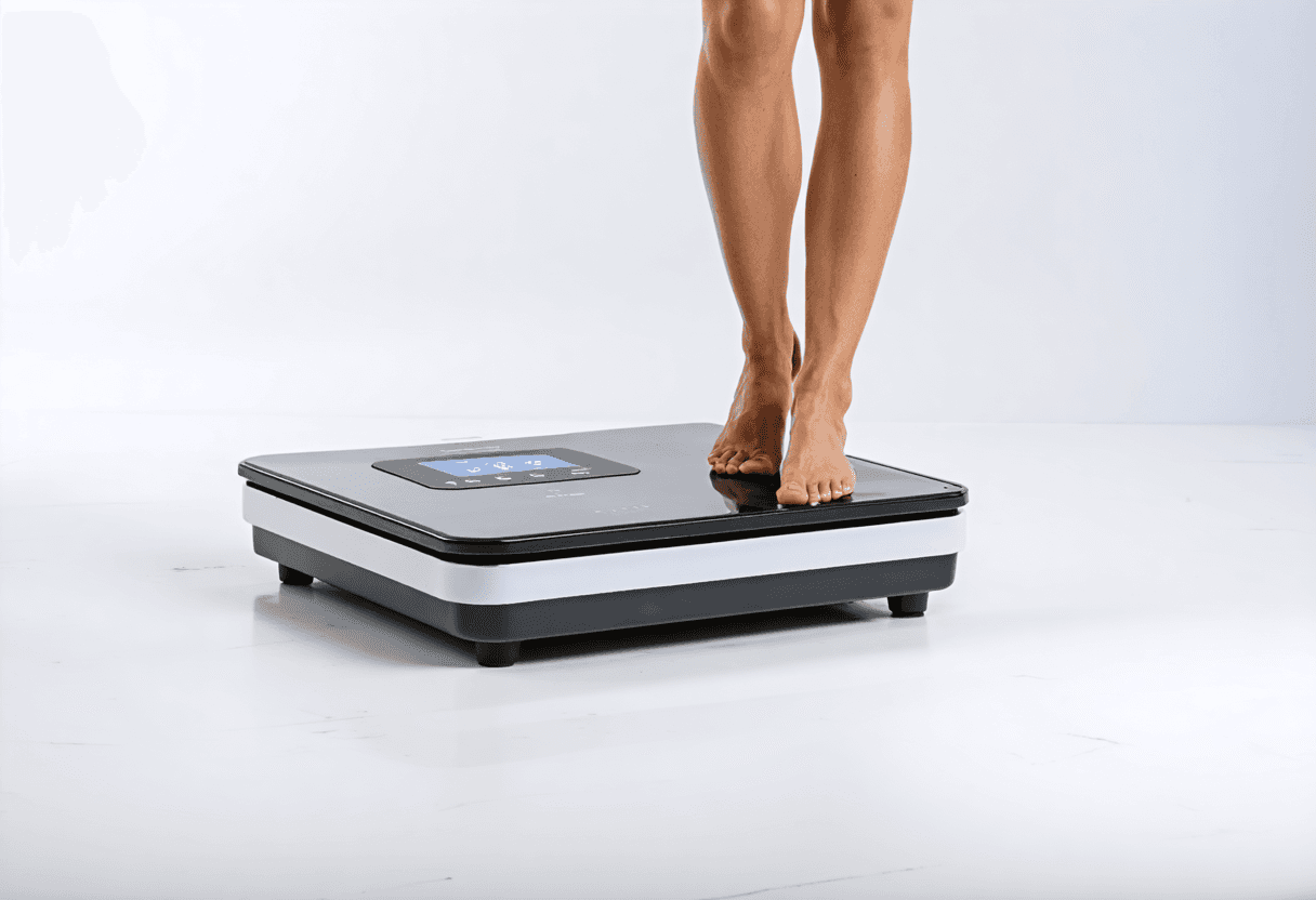 A low-angle shot of a person's bare feet and legs as they stand on a sleek, black and white electronic scale. The scale has a digital screen that is lit up.
