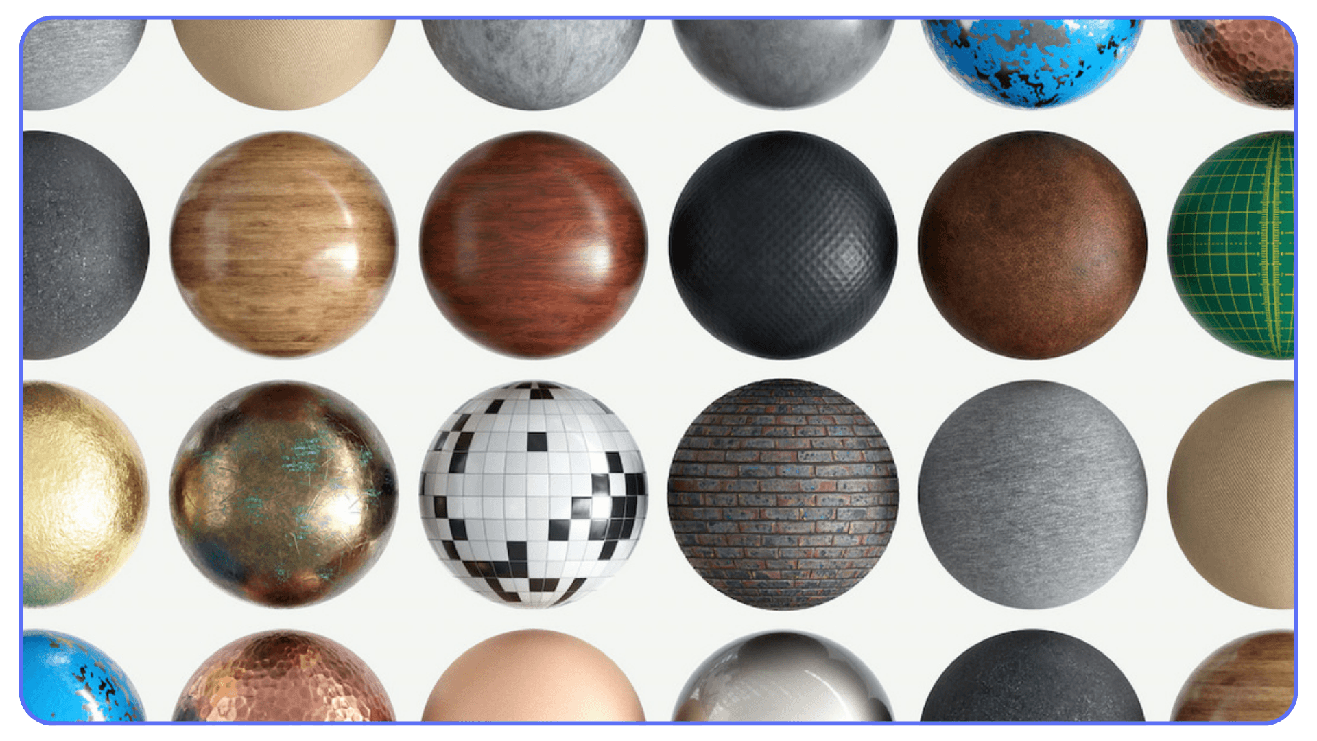 Cinema 4D material preview spheres showing different surface types including wood, metal, fabric, and stone