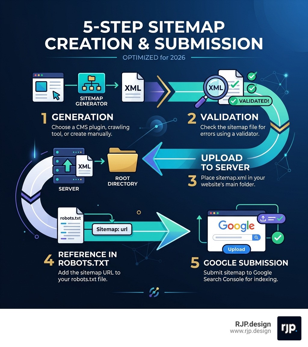 Infographic showing 5-step sitemap creation process from generation to Google submission - How to create sitemap?