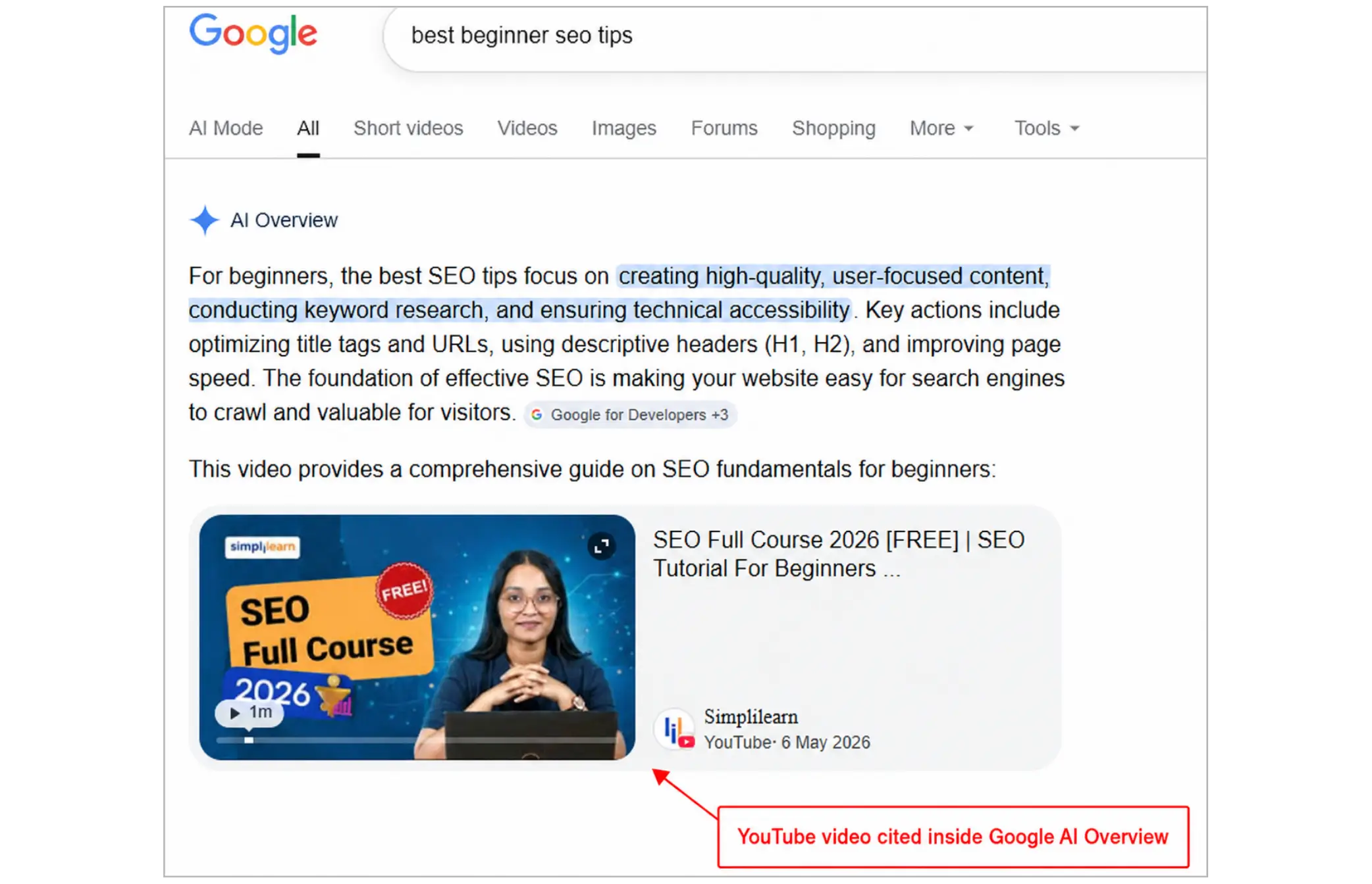 Google AI Overview citing YouTube video in search results for SEO query