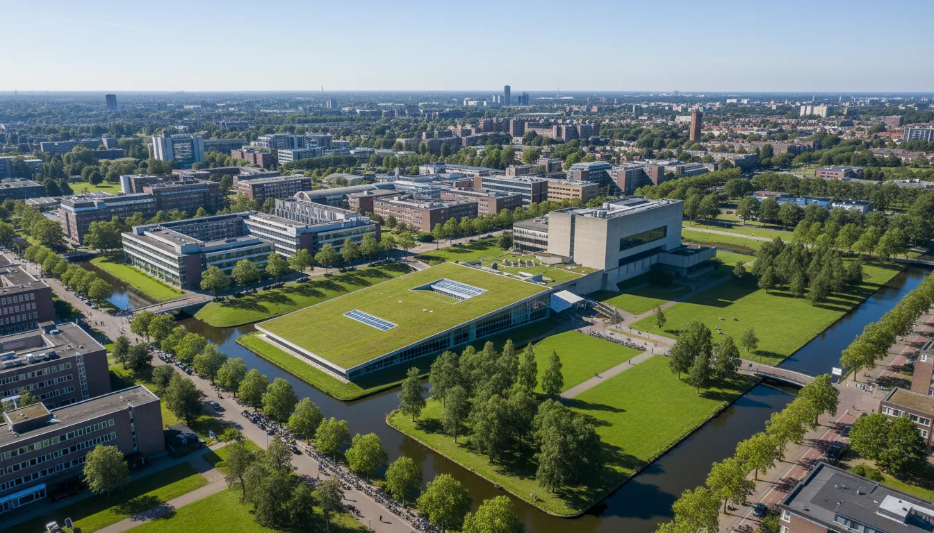 High-resolution drone shot, wide-angle aerial view of the Delft University of Technology (TU Delft) campus on a clear, sunny day. The image prominently features the iconic architecture of the TU Delft Library, with its unique sloped green roof, and the brutalist concrete Aula building. The campus is a vibrant mix of modern buildings, lush green spaces, canals, and trees. Natural daylight, deep depth of field, sharp focus throughout, crisp details.