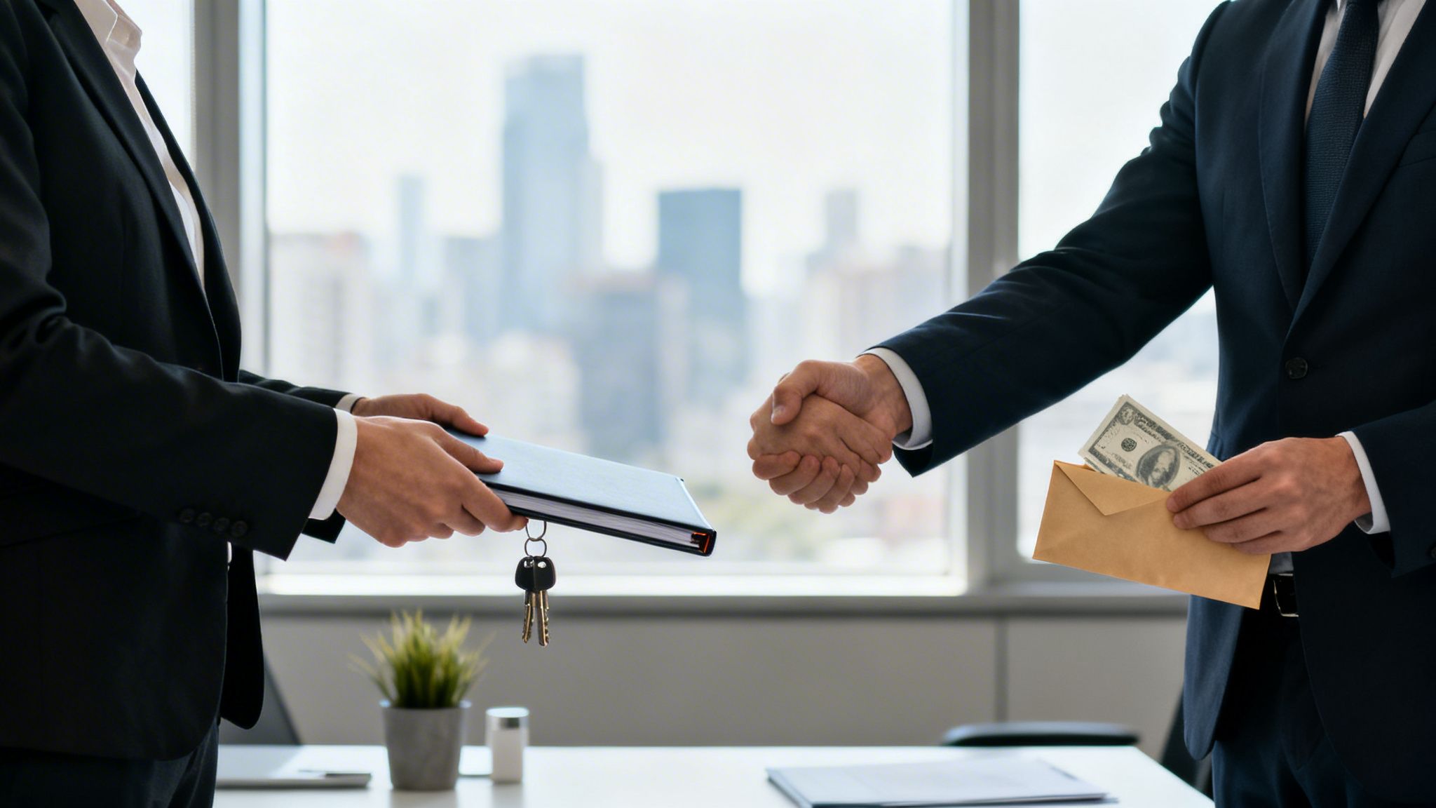 Två affärspersoner skakar hand och utbyter ett dokument med nycklar mot pengar i ett kuvert.