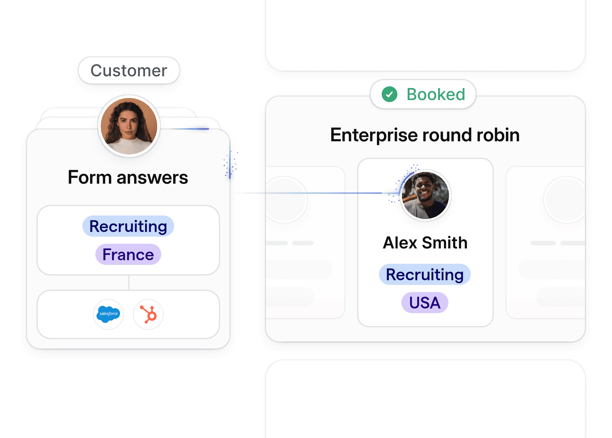 A booking assignment interface for recruitment agencies, showing candidate form answers and recruiter assignment by industry and country.