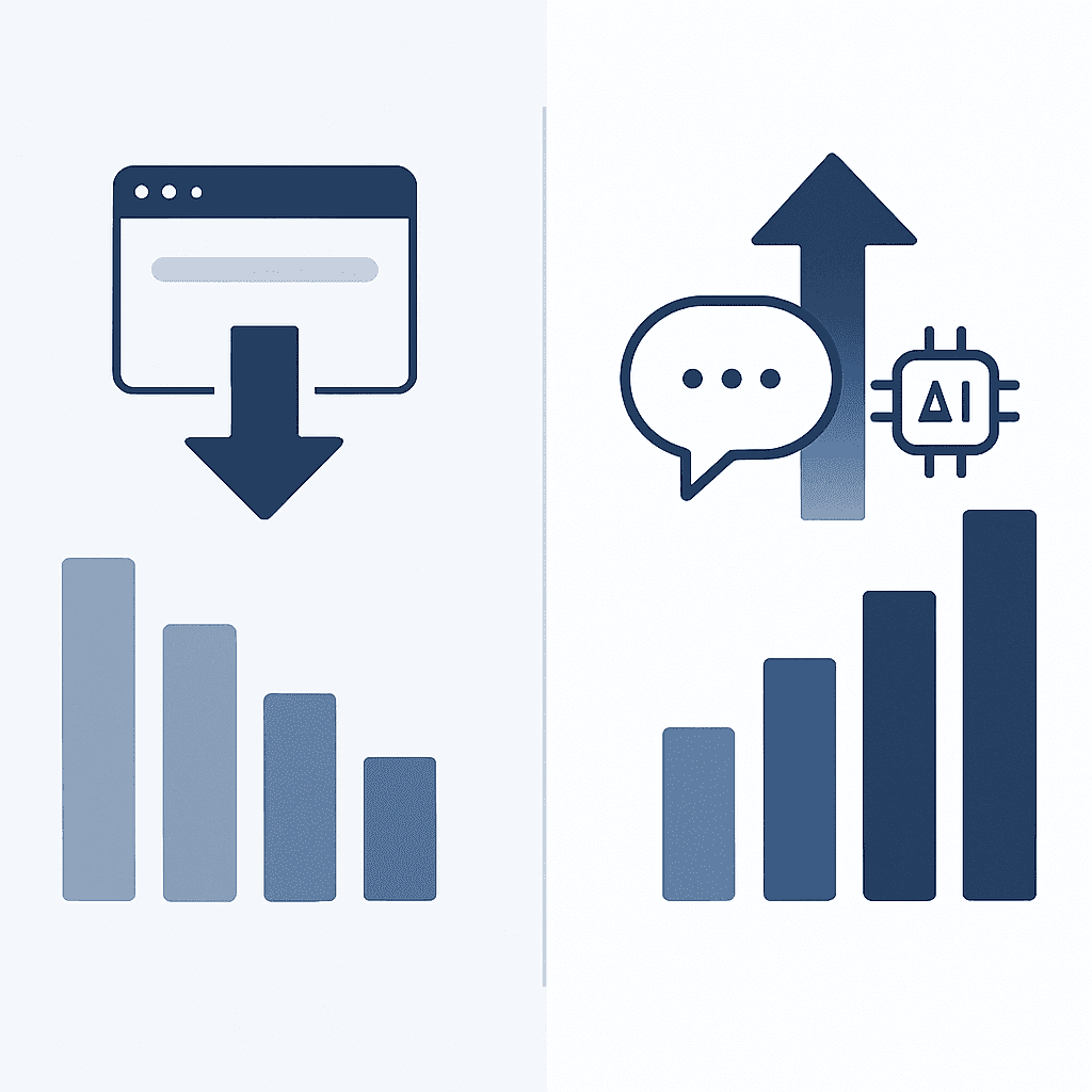 Dual-panel graphic contrasting falling search clicks with surging AI chat usage between 2023 and 2025