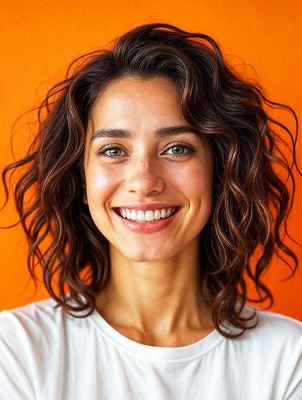 A woman with curly hair and a bright smile, wearing a white top, against an orange background.