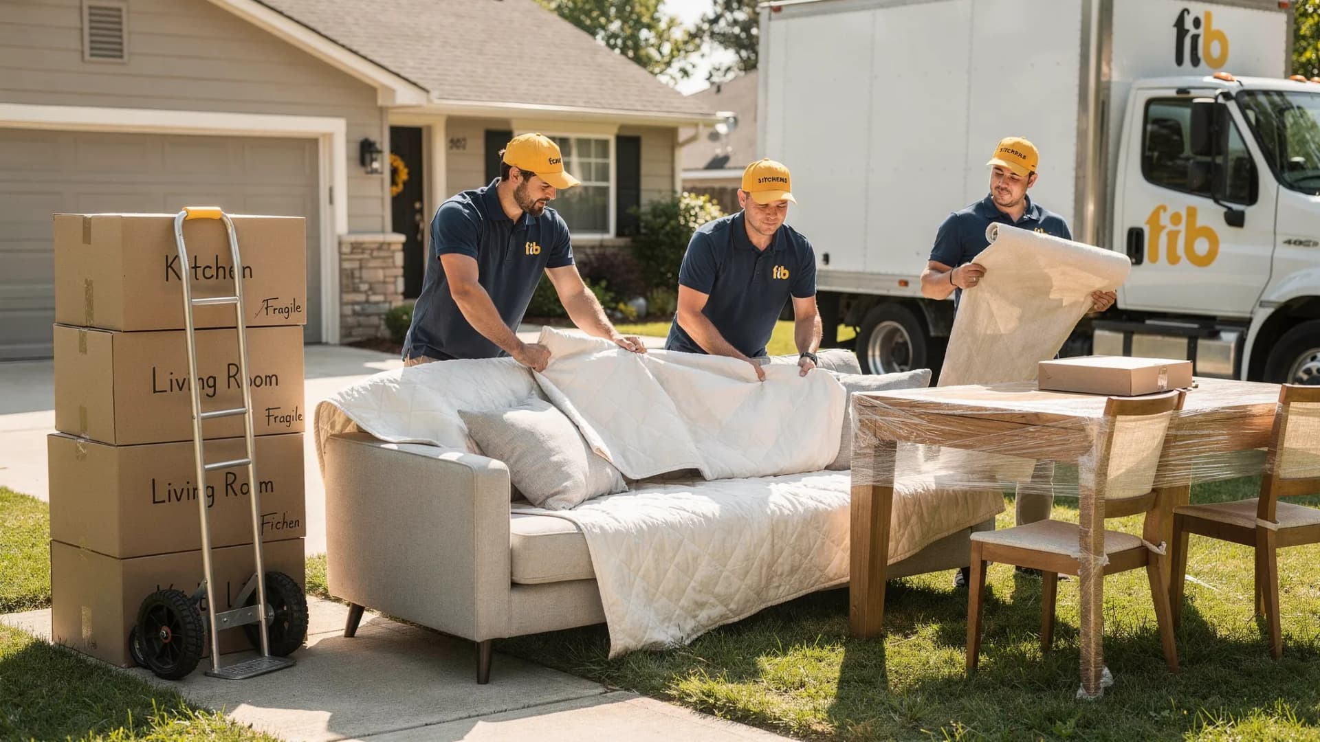 A full-service moving crew carefully wraps a sofa and dining table with moving blankets and stretch wrap, stacks labeled boxes, and uses a dolly near a moving truck parked outside a residential home.