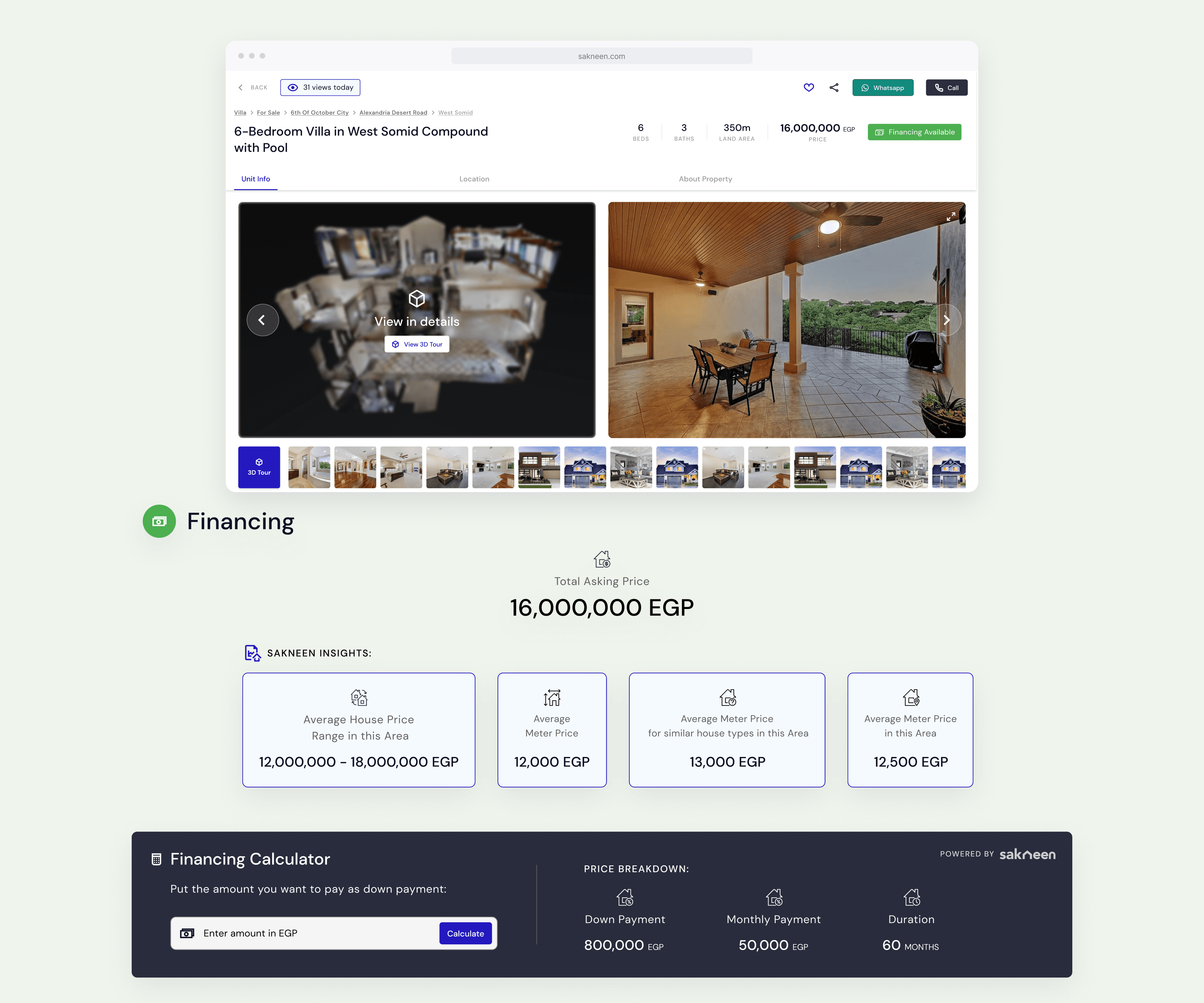 Property page with a 3D tour, area price insights and a financing calculator