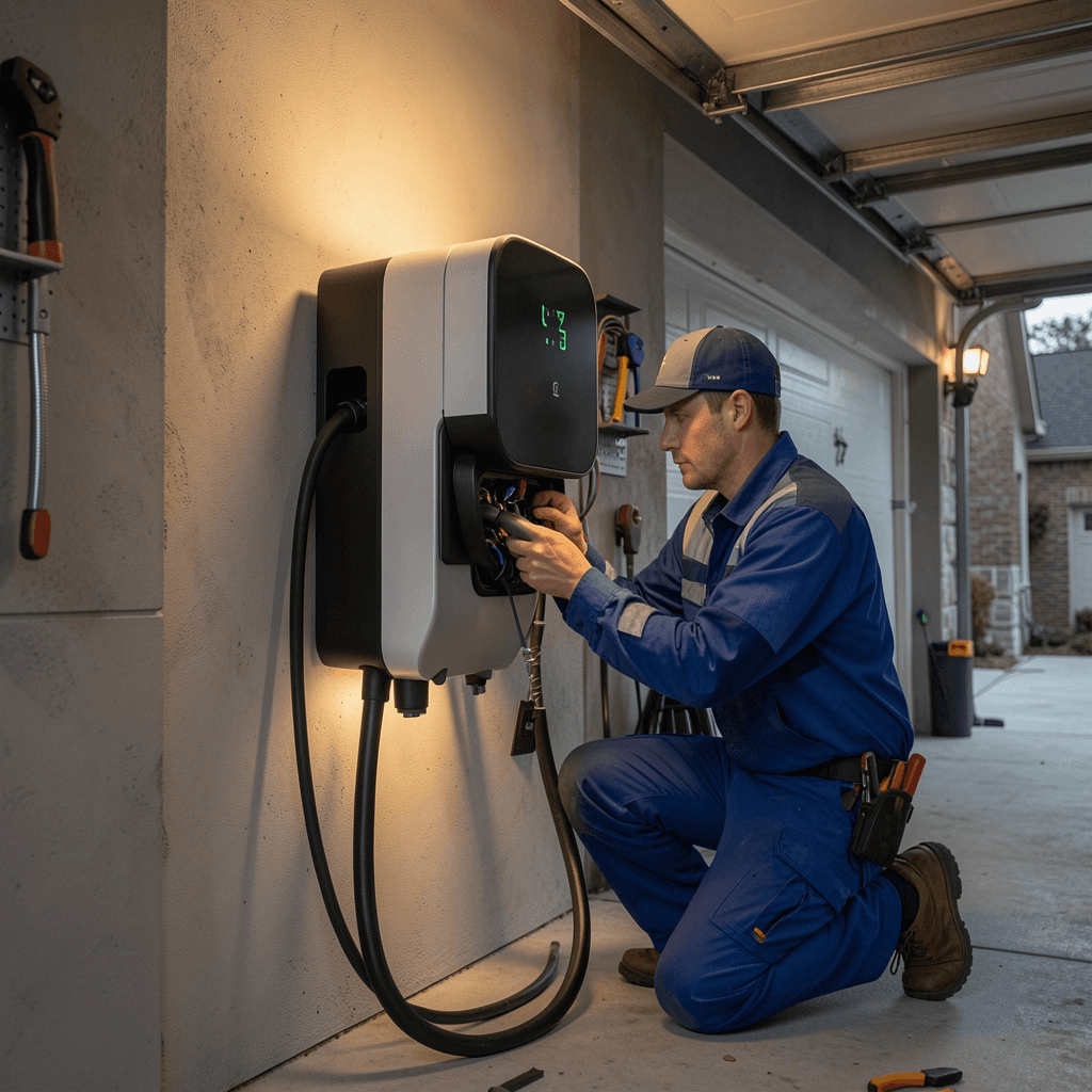 Electrician installing a wall-mounted EV charging station in a home garage
