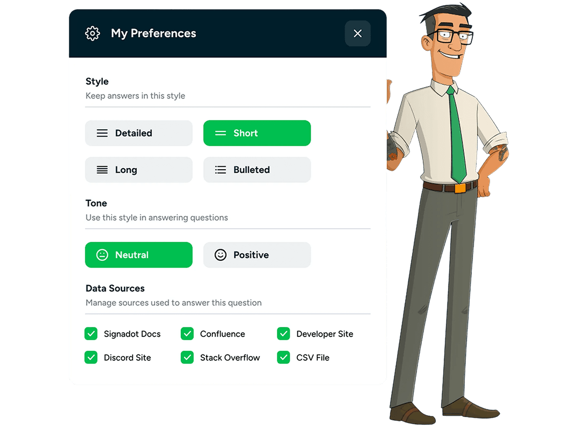 Control panel for defining the AI agent’s answering style, logic, and response parameters