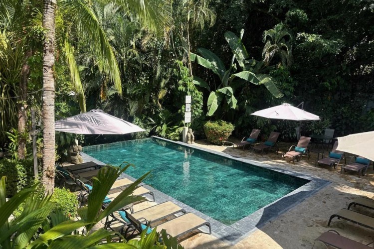 sunloungers fronting buildings near mountain