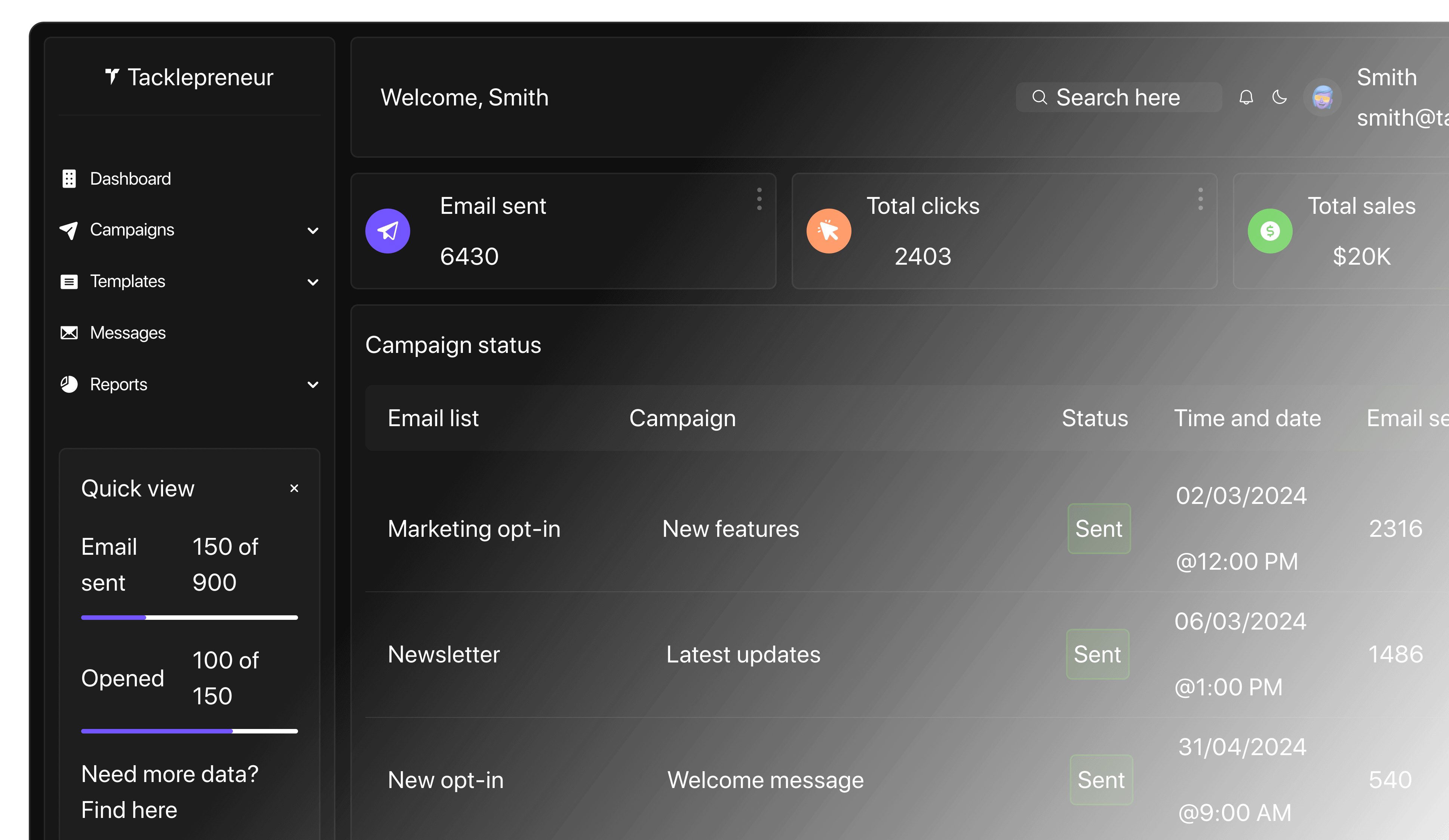 Dashboard of an email marketing campaign