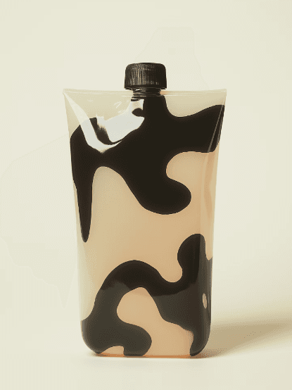 A camouflage-patterned pouch with a black cap against a light background. The design features abstract black shapes over a tan surface. The tone is modern and stylish.
