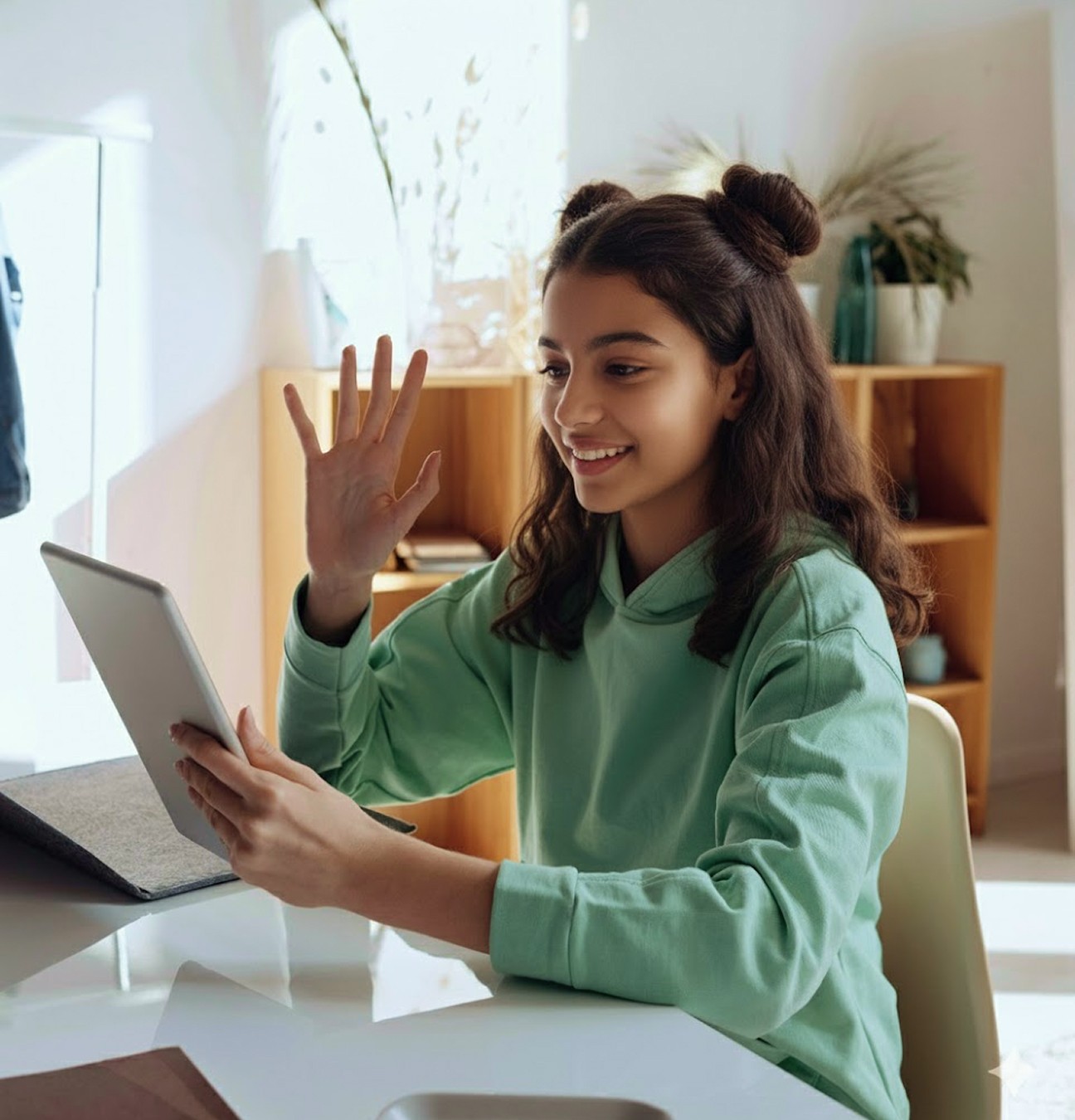 A schoolgirl participates in an online lesson using a tablet