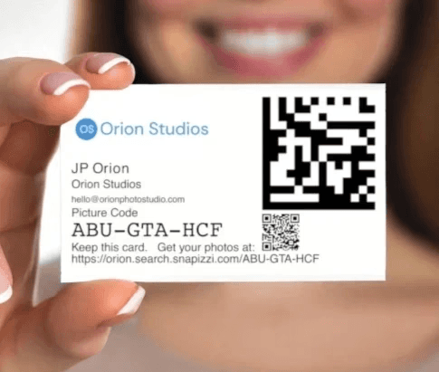 Close-up of Snapizzi QR code card used to match participants with their photos at school, sports, and event shoots