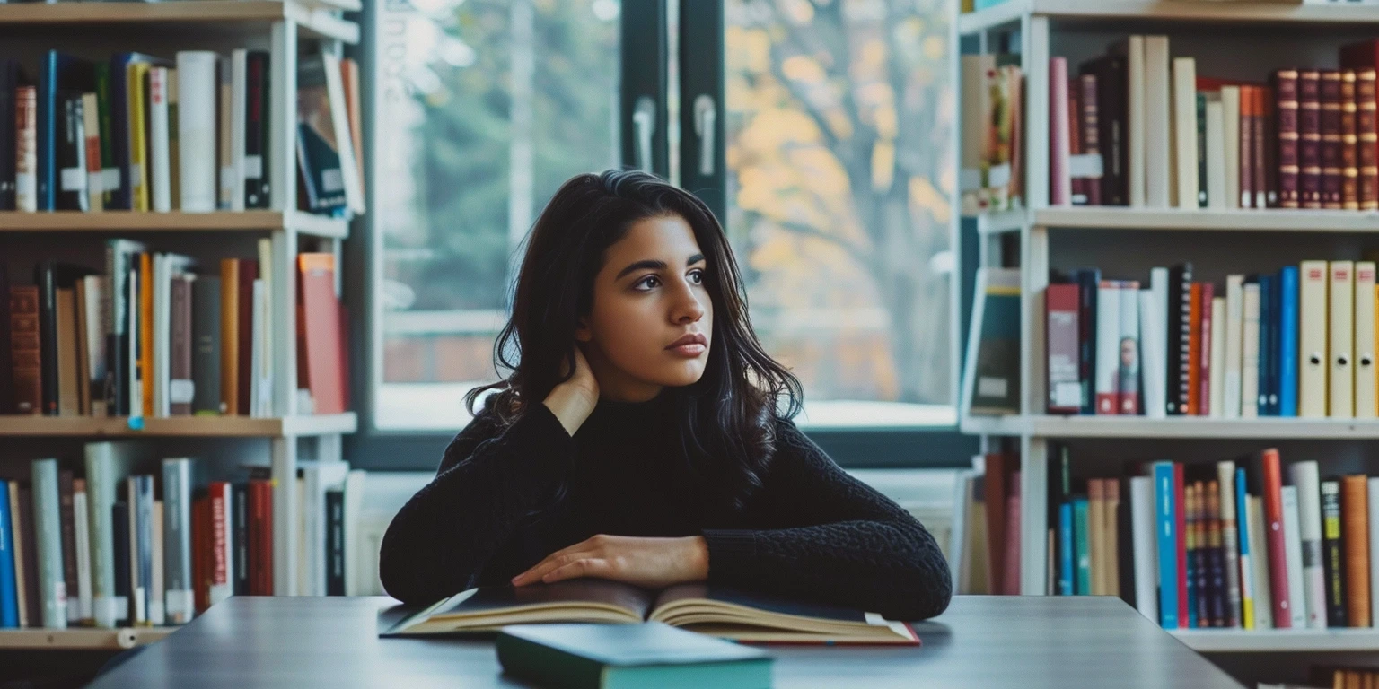 Mujer sentada leyendo en una biblioteca