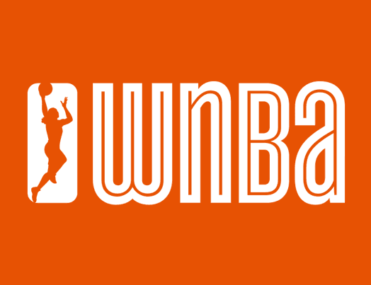A white NBA like logo on an orange background with text WNBA.