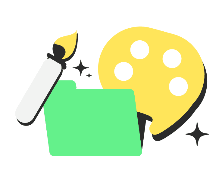 A green box alongside a paintbrush and palette, illustrating the brandkit feature for artistic branding solutions.