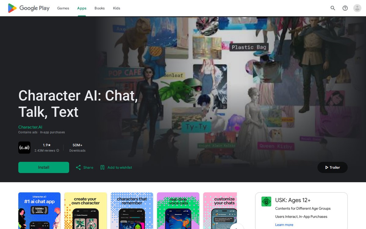 Character.AI’s Google Play listing; chats are free and c.ai+ is optional, September 2026.