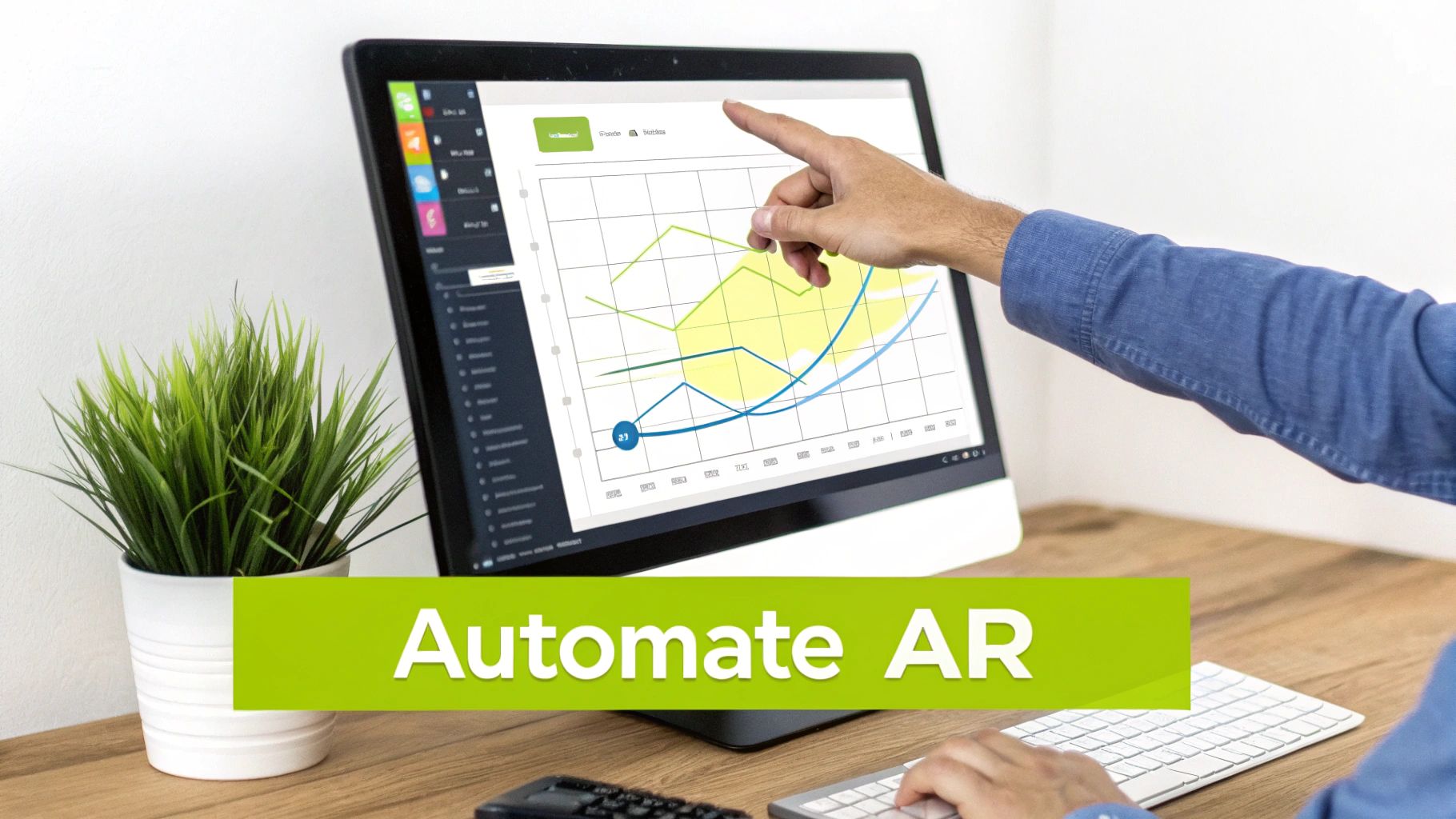 A person pointing at a data visualization graph on a computer screen with 'Automate AR' text.