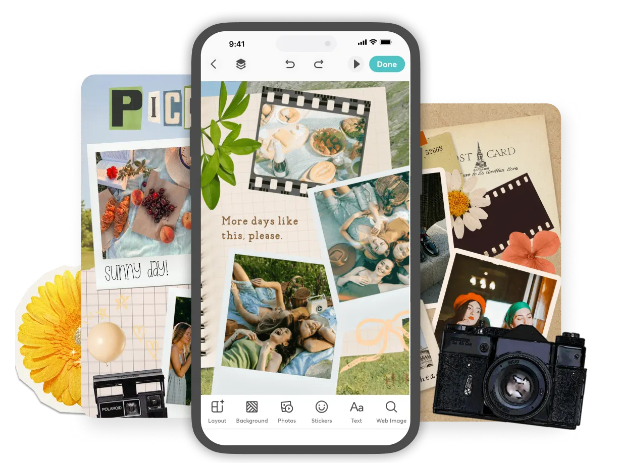 Phone showing a digital scrapbook layout with photo collage, decorative elements, and editing tools