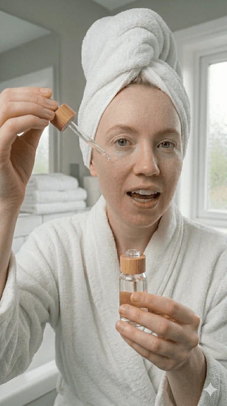 Close-up of a woman with a white towel on her head holding a skincare dropper bottle, soft bathroom lighting