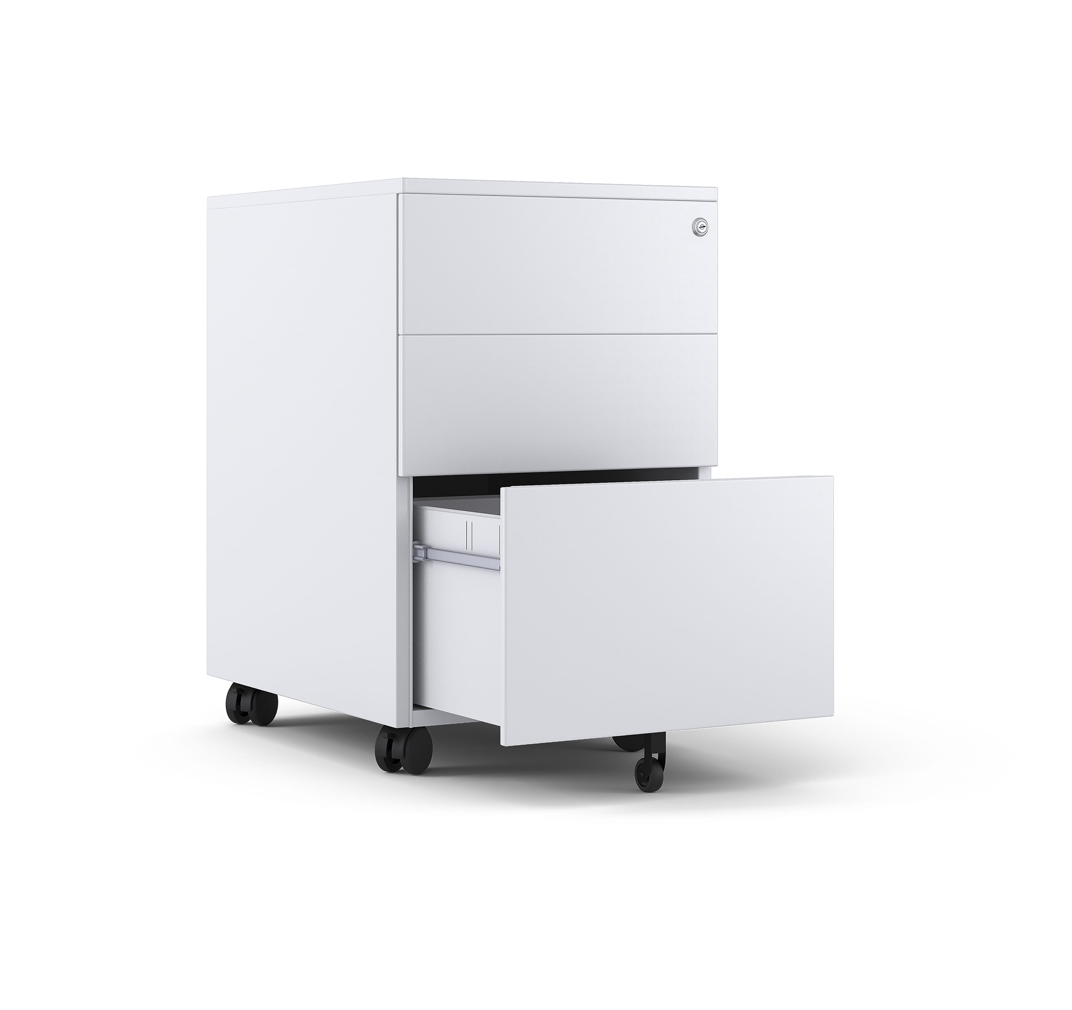 Mobile storage cabinet with open drawer showing interior space and wheels