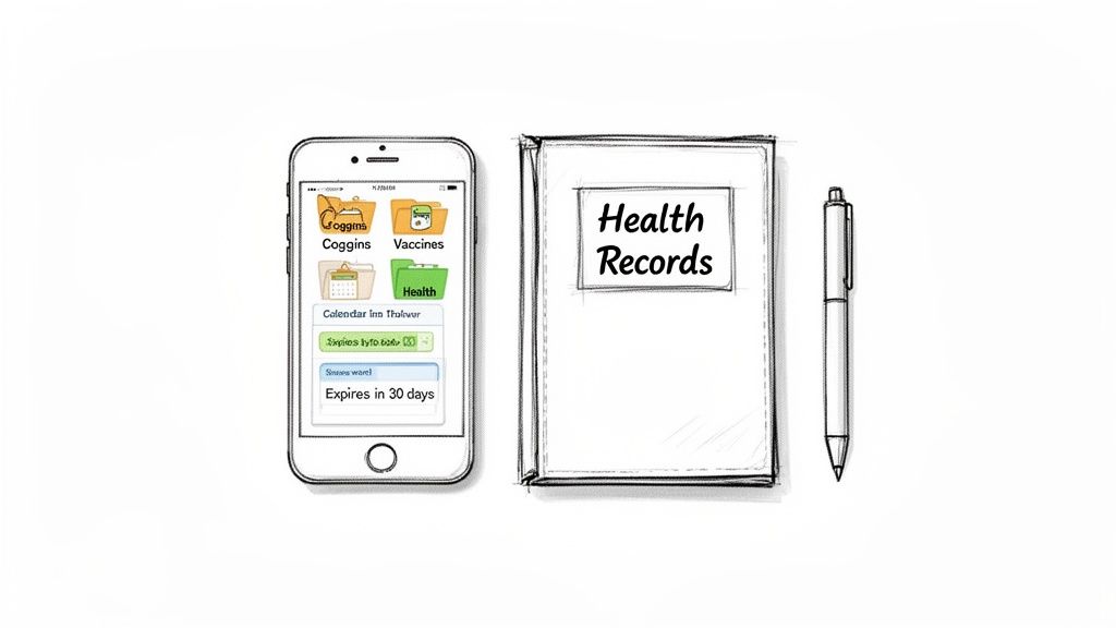 A smartphone displaying health apps next to a 'Health Records' binder and a pen, illustrating digital and physical health management.