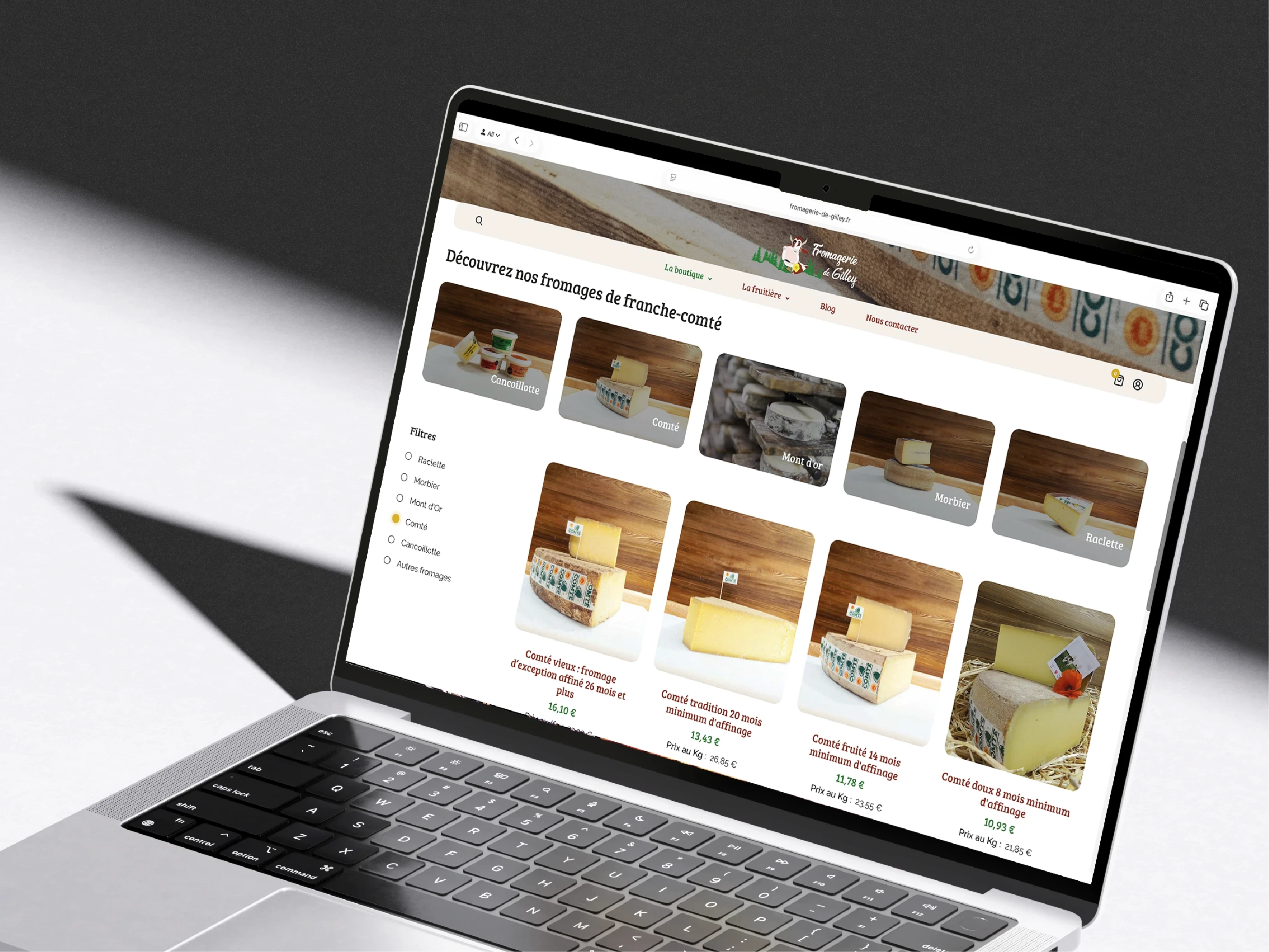 Boutique en ligne de la Fromagerie de Gilley sur un ordinateur portable