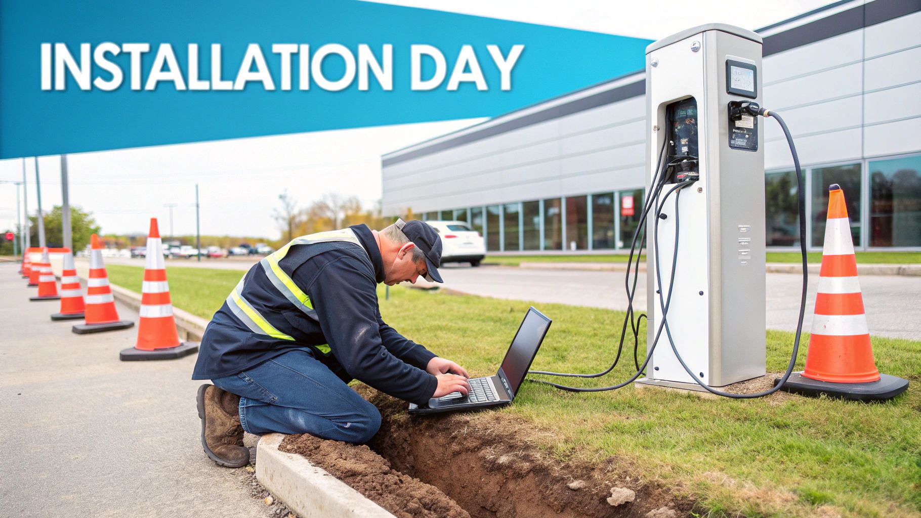 an electrician installing an electric vehicle charger with his laptop open on the grass