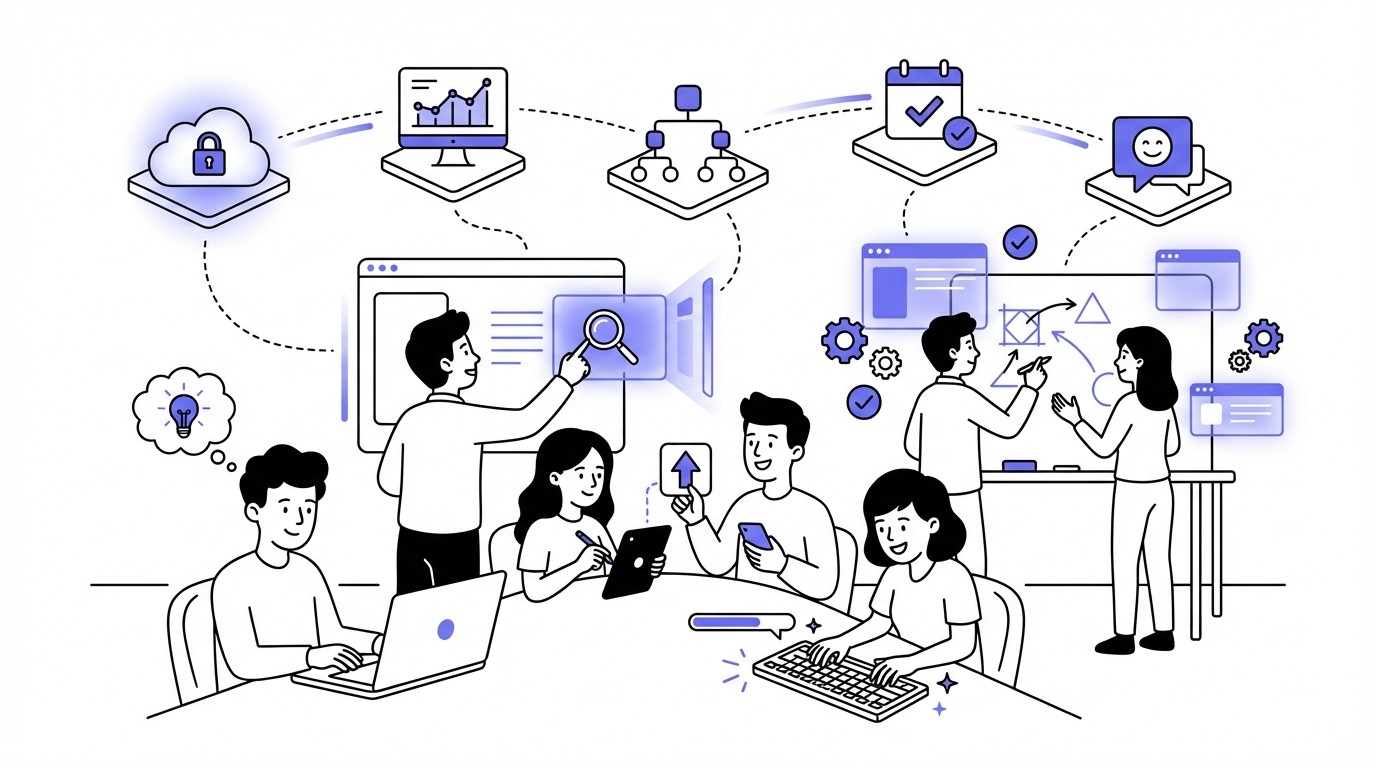 An illustration of a diverse, agile tech team collaborating effectively in a modern workspace, surrounded by multiple abstract digital integrations and data streams.