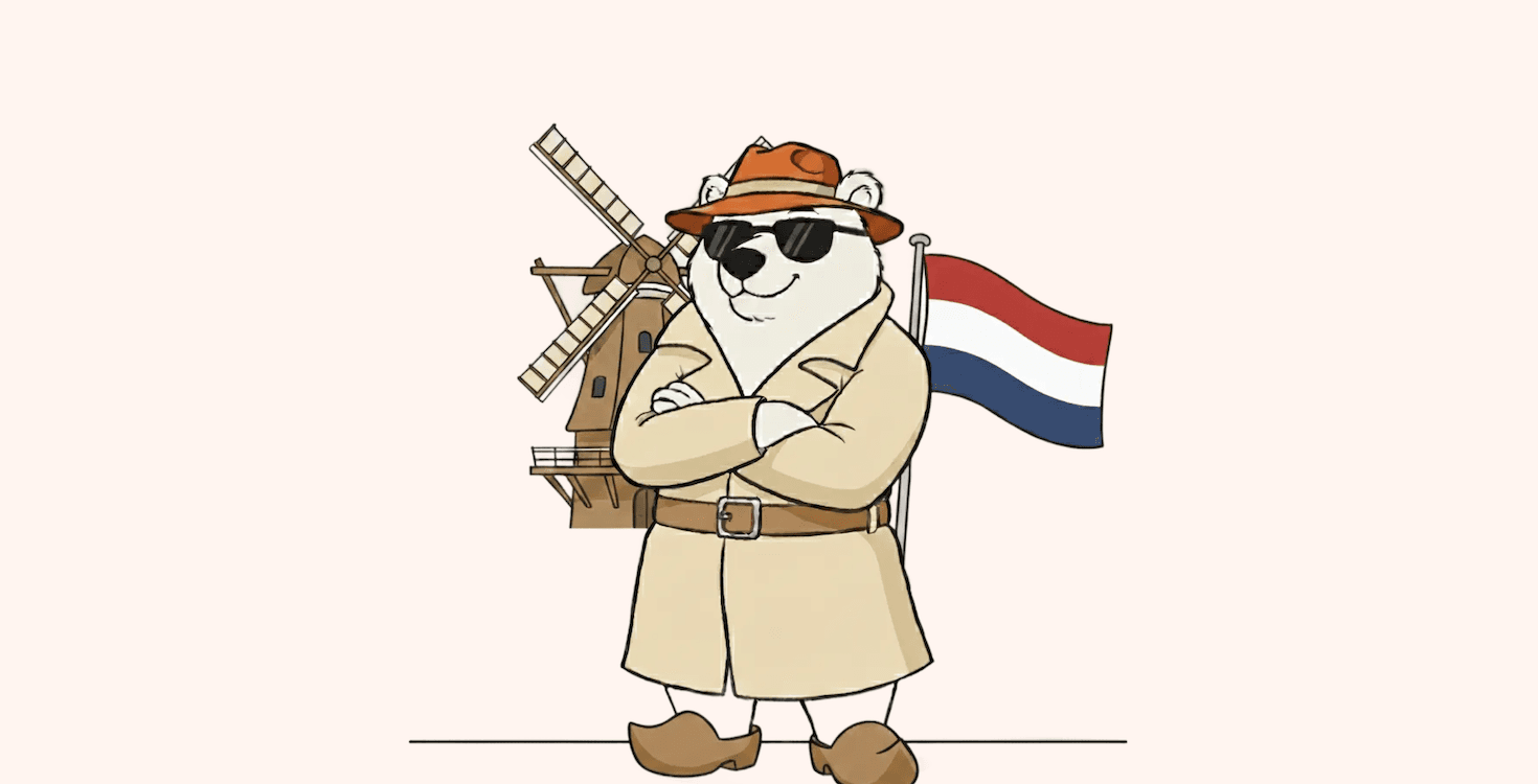 Illustration of a bear wearing clogs. On the background, there is a Dutch flag and a windmill