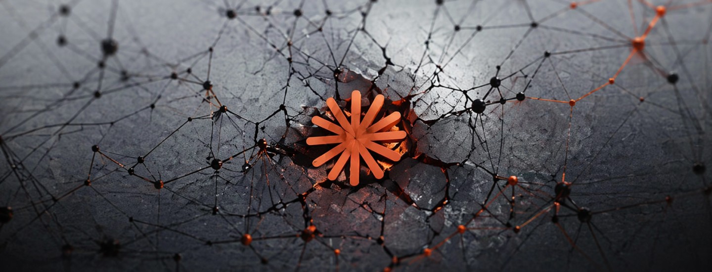 Abstract dark tech scene showing a cracked surface with a glowing orange radial symbol of the asterix of claude anthropic at the center, surrounded by a network of connected nodes and lines, suggesting a hidden disruption spreading through a controlled system.