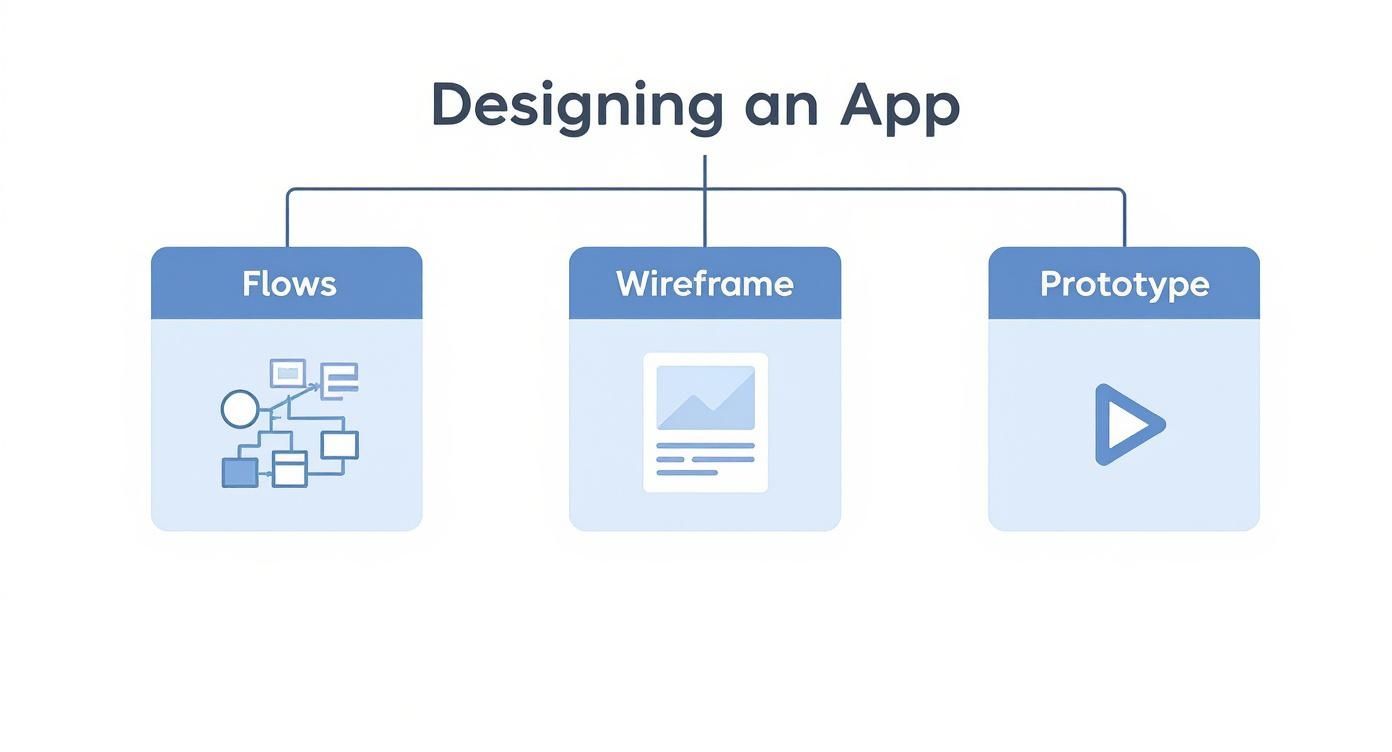 App design process diagram showing three stages: flows with flowchart, wireframe layout, and prototype play button