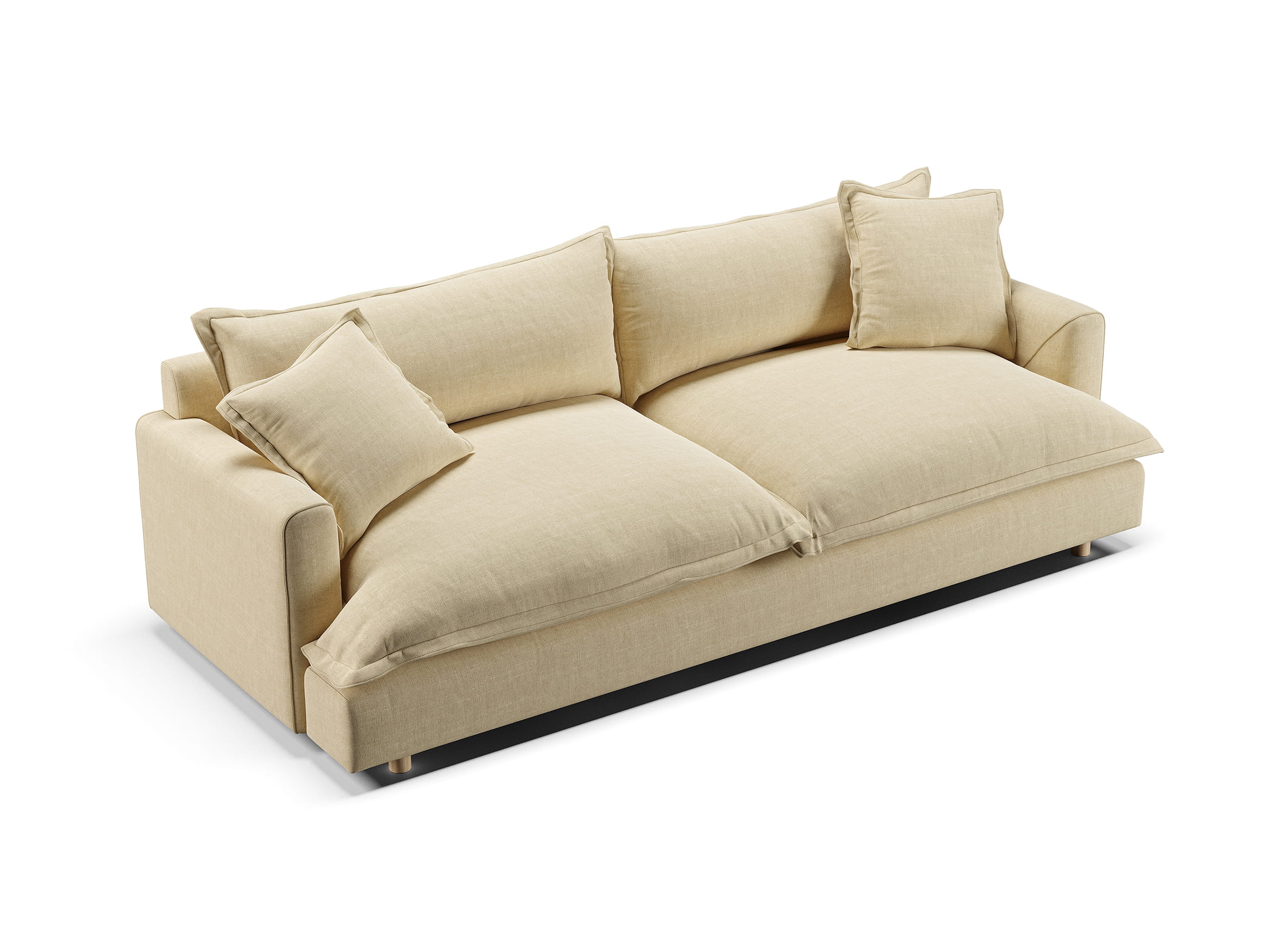 Angled sofa 3D render showing seating depth and cushion arrangement