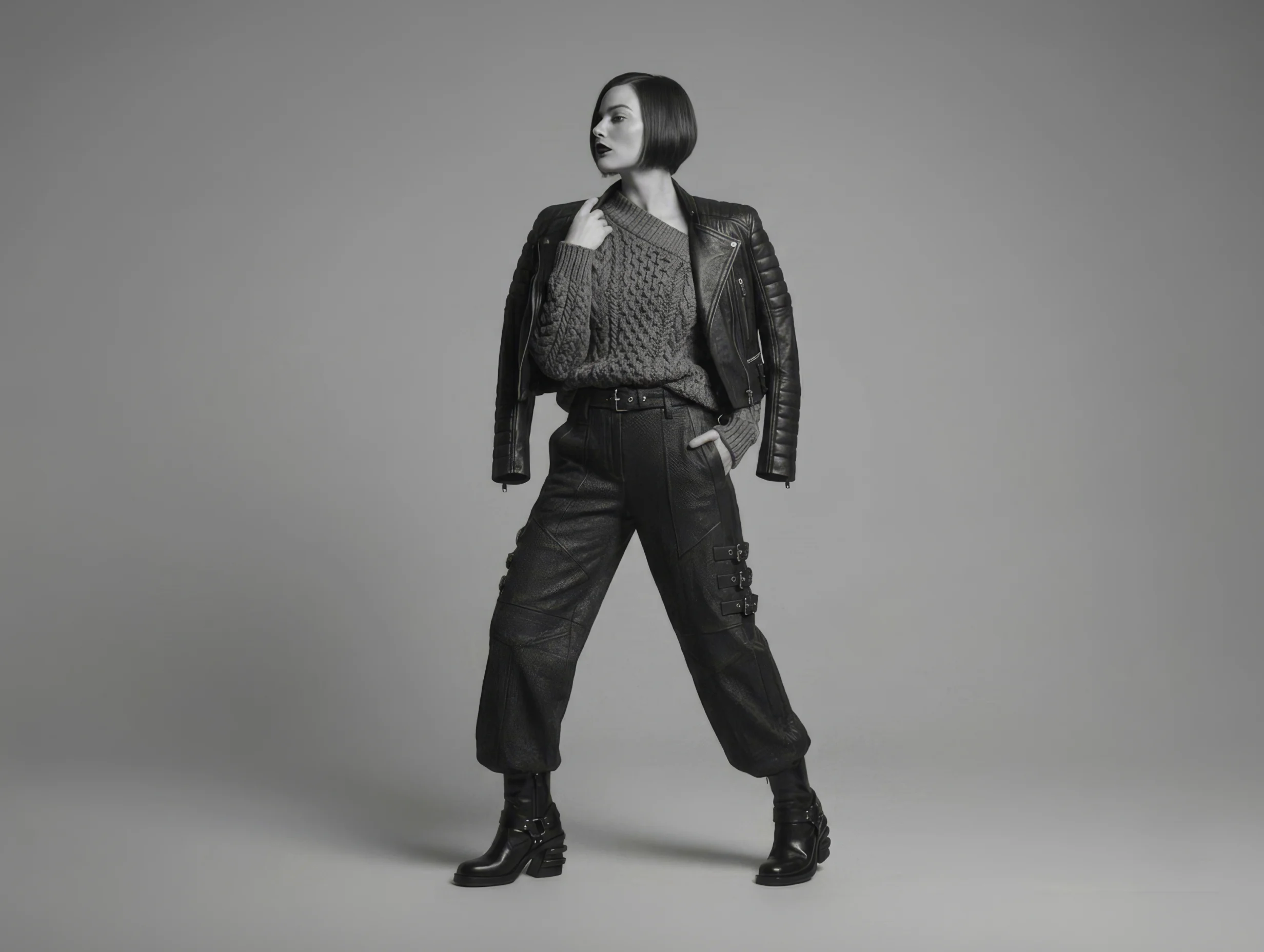 Black and white studio portrait of a model wearing layered fashion pieces from Dominion collection.