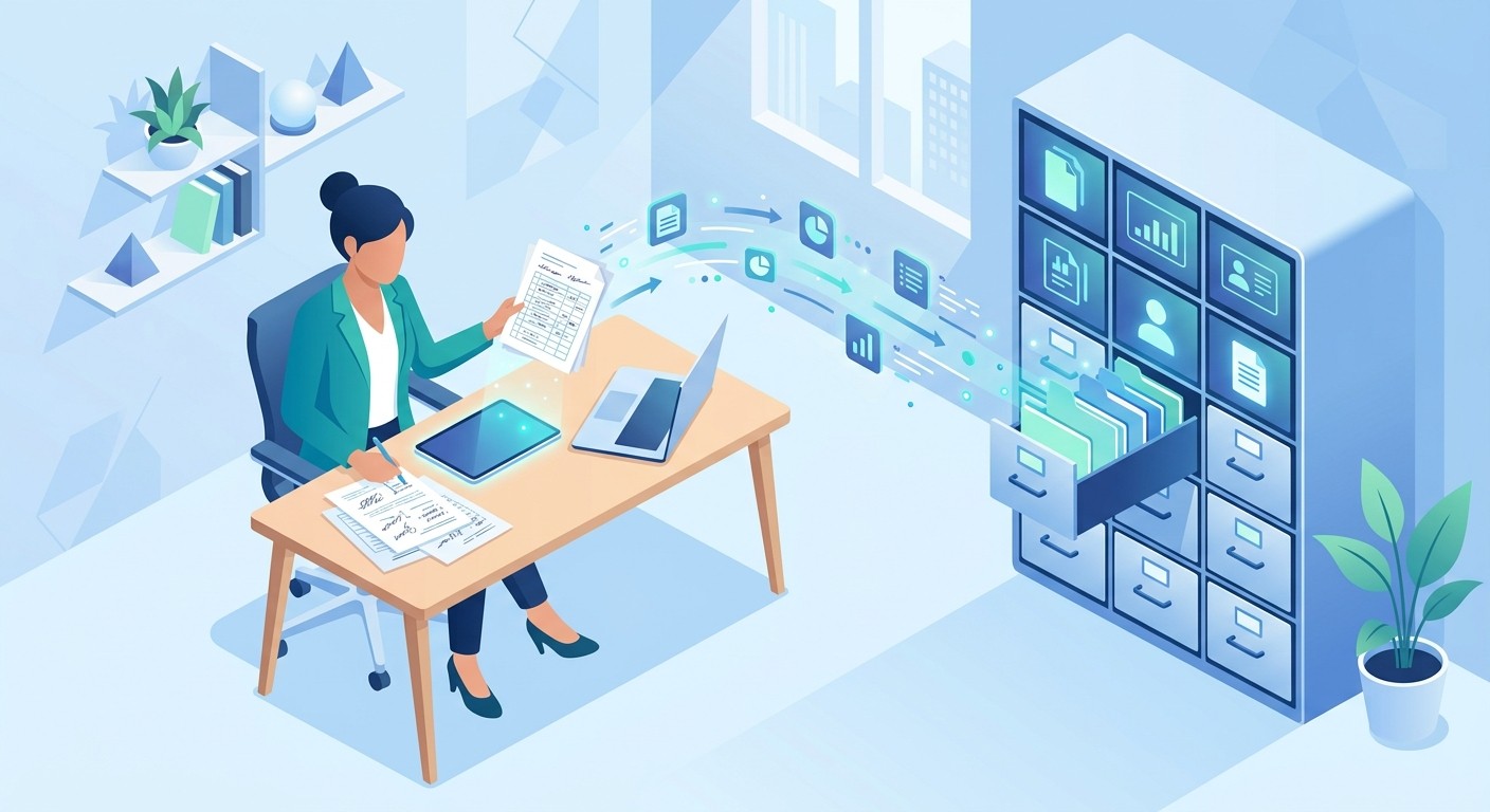 Illustration of a small business owner moving data from paper spreadsheets into an organized digital database