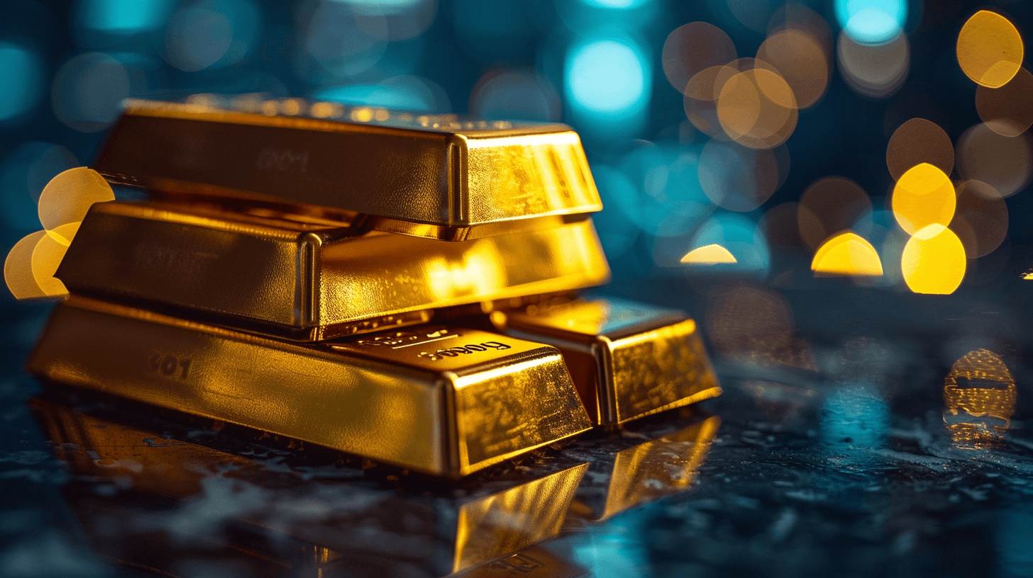 Gold bars stacked on top of each other, shiny reflection, blue lights in the background with bokeh effect.