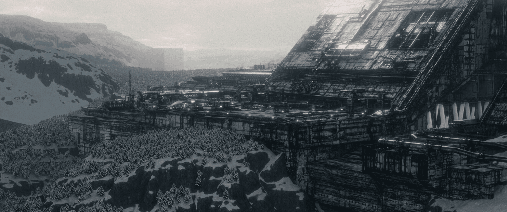 created by Dexity, a Minecraft service build team that is an official Minecraft partner. A 3D rendered landscape of a winter fortress with snowy trees, based on the movie The Creator, rendered in Maxon Cinema 4D and Chaos Vray.