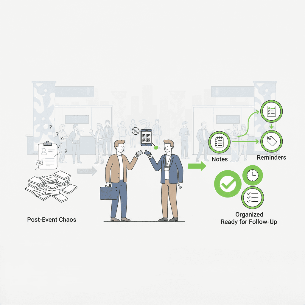 Illustration of business card and QR badge scanning at a trade show, showing how organized lead capture helps teams follow up after events with Habsy.