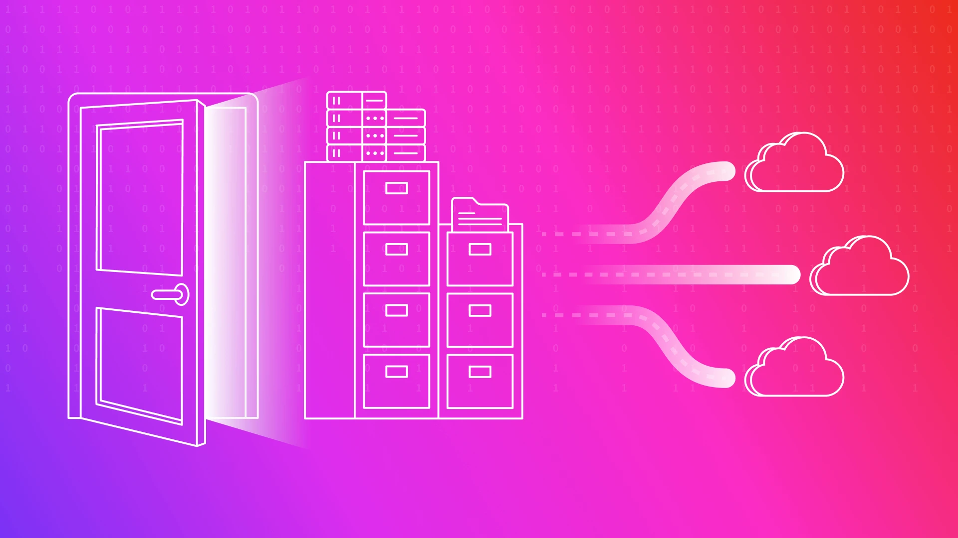 Conceptual illustration showing a security breach where an open door leads to compromised server data being exfiltrated to the cloud, representing the lifecycle of an unpatched vulnerability attack.