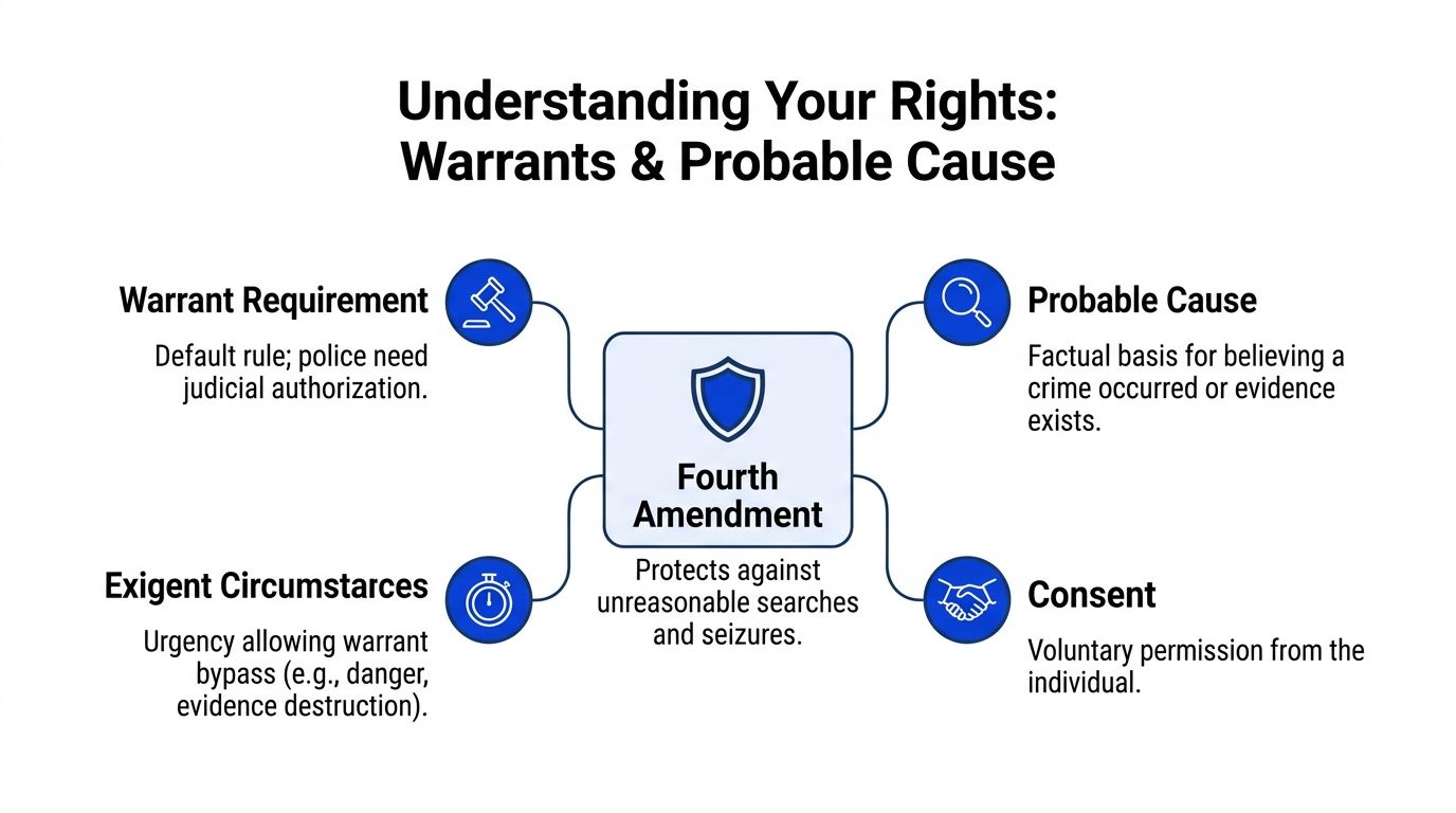 A diagram explaining Fourth Amendment rights regarding warrants, probable cause, exigent circumstances, and consent for searches.