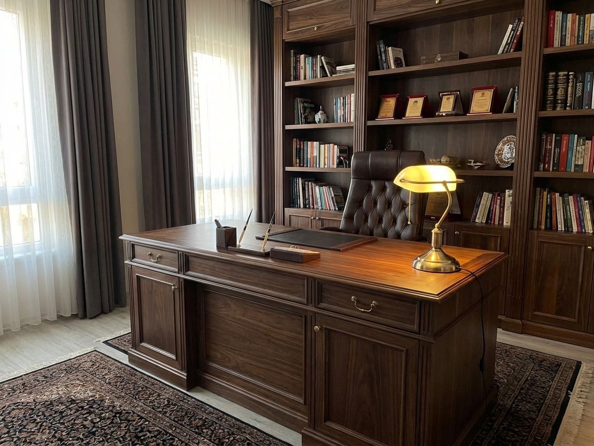 Executive home office with dark wood desk and built-in bookshelves by AI