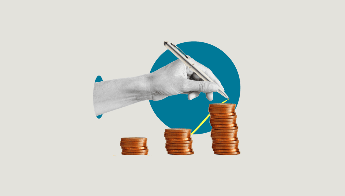 Illustration of a hand holding a pen above rising stacks of coins with an upward line, symbolizing business scalability and growth planning.