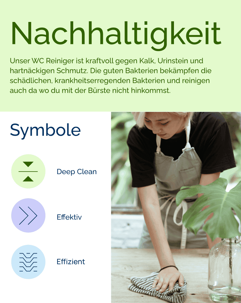 Clean 1885 sustainability product card showing a woman cleaning a floor, alongside icons for Deep Clean, Effektiv, and Effizient on a light green background